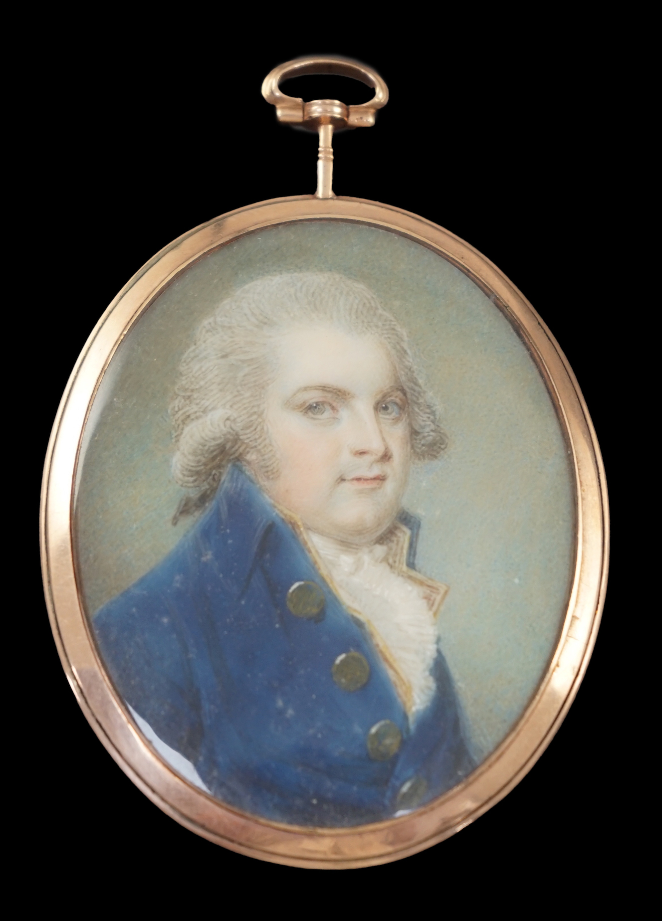 English School circa 1800-1810, Portrait miniature of a gentleman wearing a blue coat, watercolour on ivory, 5.7 x 4.6cm. CITES Submission reference T2D5BH3S